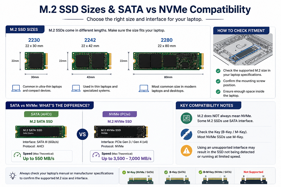 M.2 SSD sizes 2230 2242 2280 and SATA vs NVMe compatibility