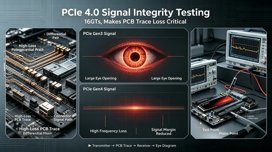 PCIe 4.0 signal integrity testing with PCB trace analysis and eye diagram