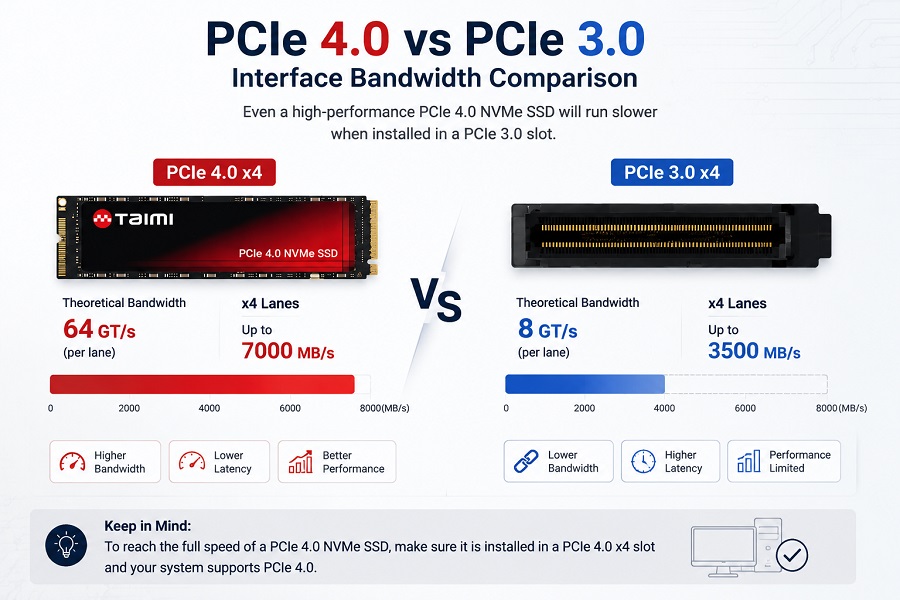 PCIe 4.0 vs PCIe 3.0 NVMe SSD performance comparison showing bandwidth differences