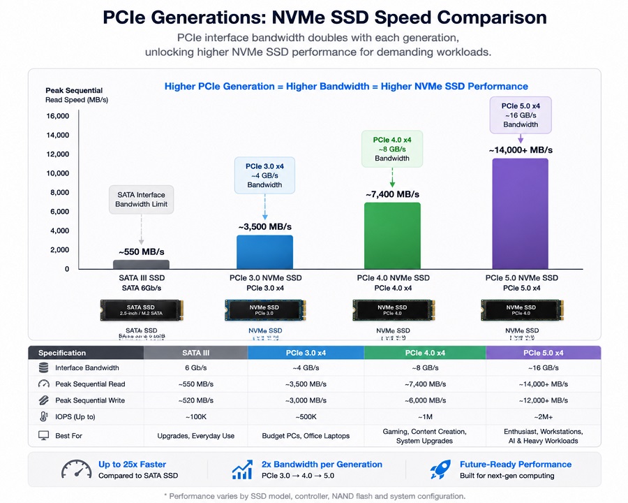 PCIe Gen3 Gen4 Gen5 NVMe SSD speed comparison