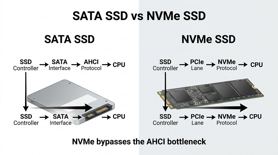 SATA SSD vs NVMe SSD architecture diagram explaining AHCI and NVMe protocols, SATA interface, and PCIe connection
