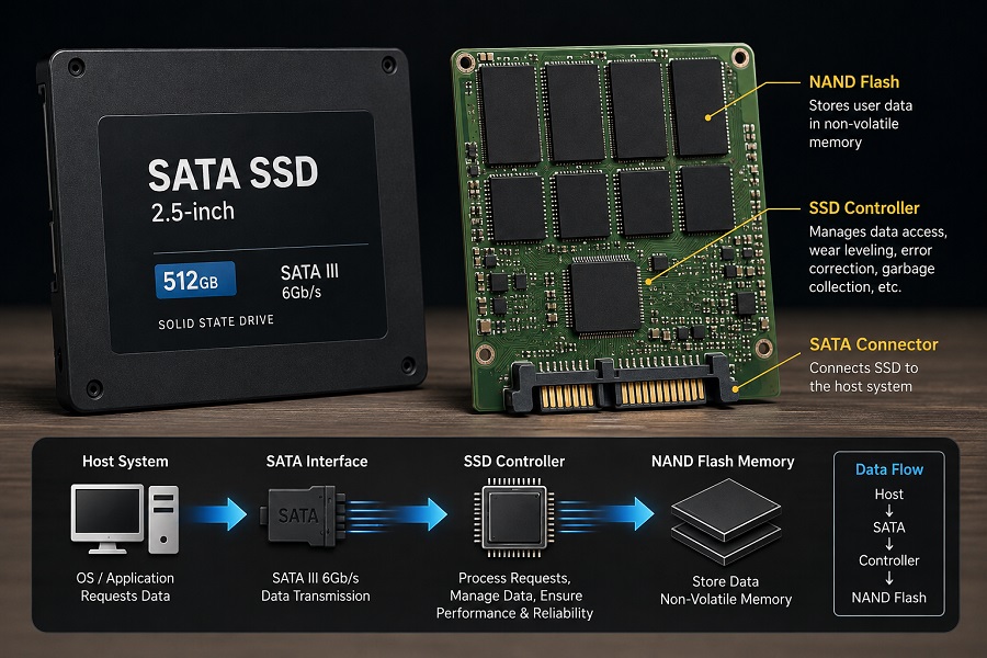 SATA SSD with NAND Flash and controller components