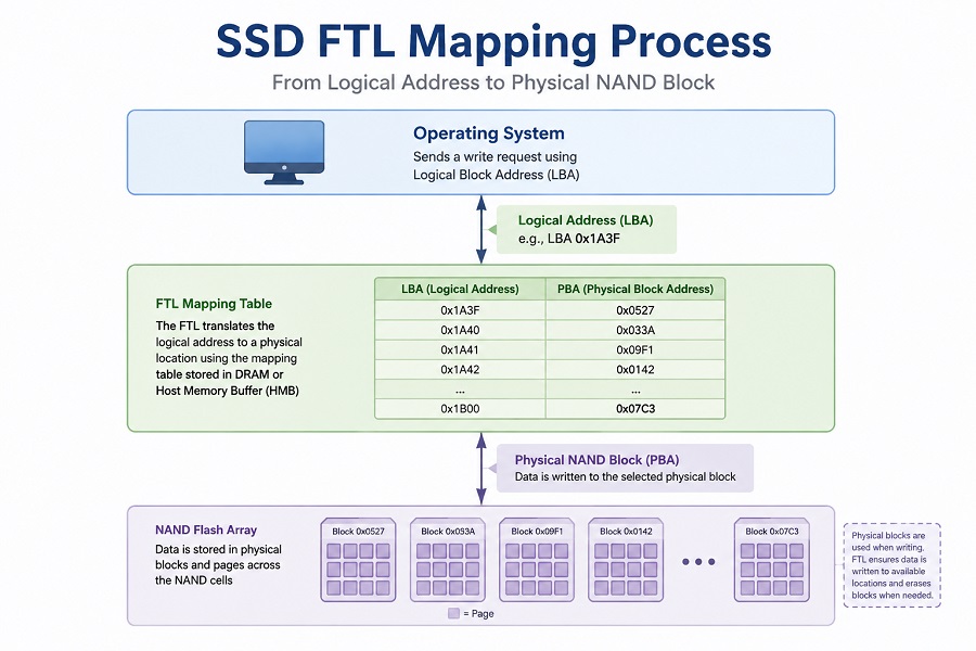 SSD Flash Translation Layer FTL mapping logical addresses to physical NAND blocks