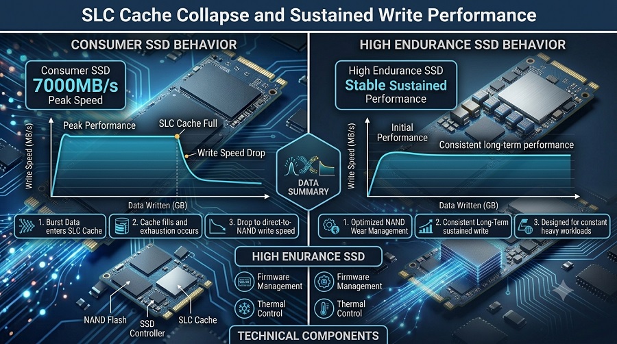 SSD SLC cache behavior and sustained write performance comparison under heavy workloads