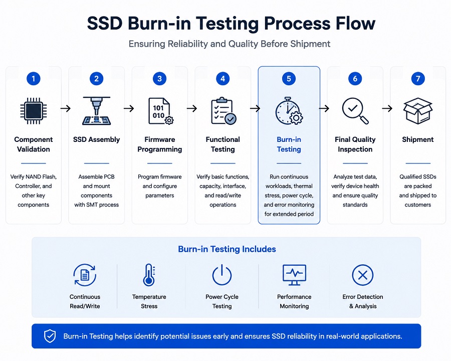 SSD burn-in testing process flow showing SSD manufacturing validation steps before shipment
