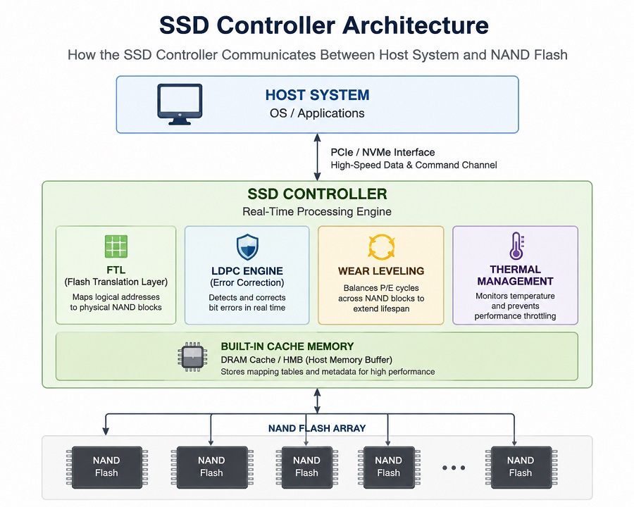 SSD controller architecture showing FTL, LDPC, wear leveling and NAND flash communication
