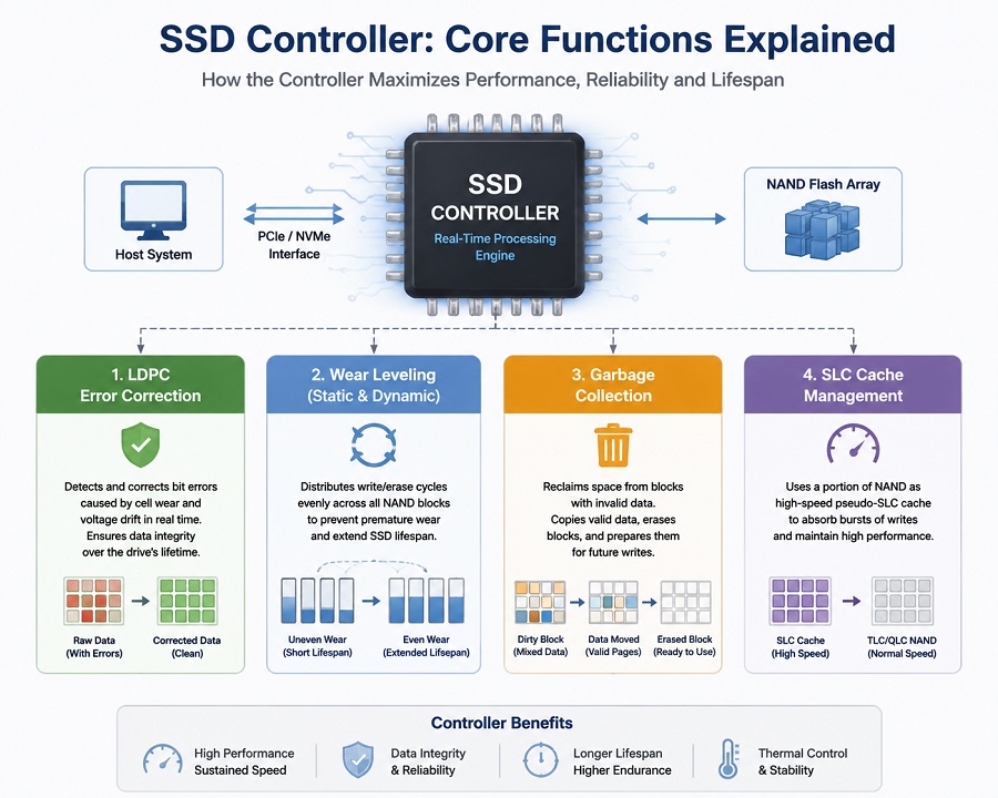 SSD controller functions including LDPC ECC wear leveling garbage collection and SLC cache management