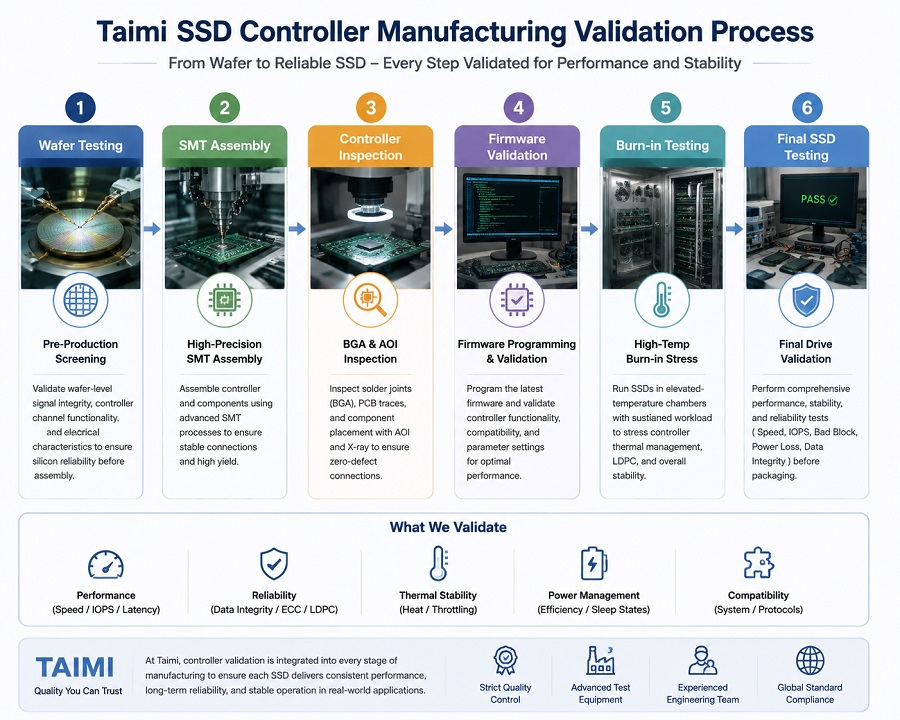 SSD controller validation process in Taimi manufacturing factory including SMT and burn-in testing