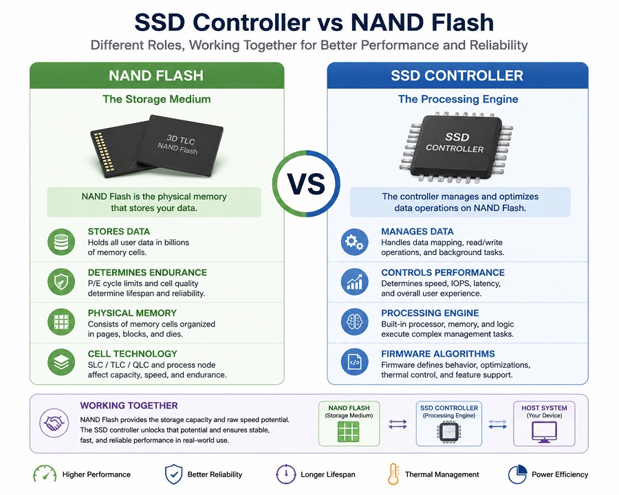 SSD controller vs NAND flash comparison showing storage and processing roles