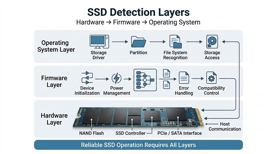 SSD detection layers showing hardware firmware and operating system communication process
