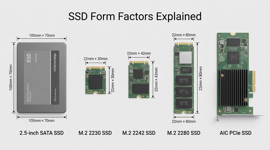 SSD form factor comparison showing 2.5-inch SATA SSD, M.2 2230, M.2 2242, M.2 2280, and AIC PCIe SSD sizes
