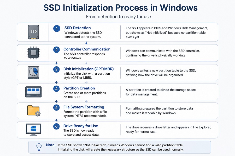 SSD initialization process from detection to Windows storage setup