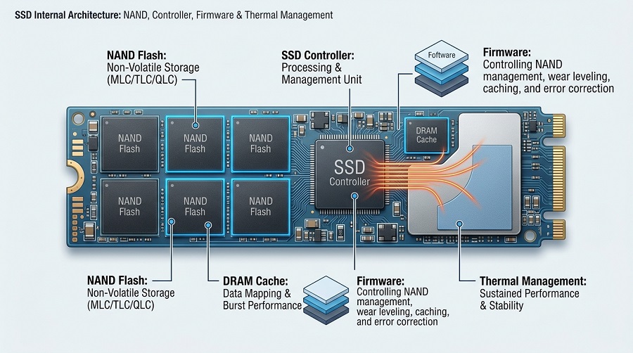 SSD internal structure diagram showing NAND Flash, controller, DRAM cache, firmware, and thermal management on an M.2 NVMe SSD PCB