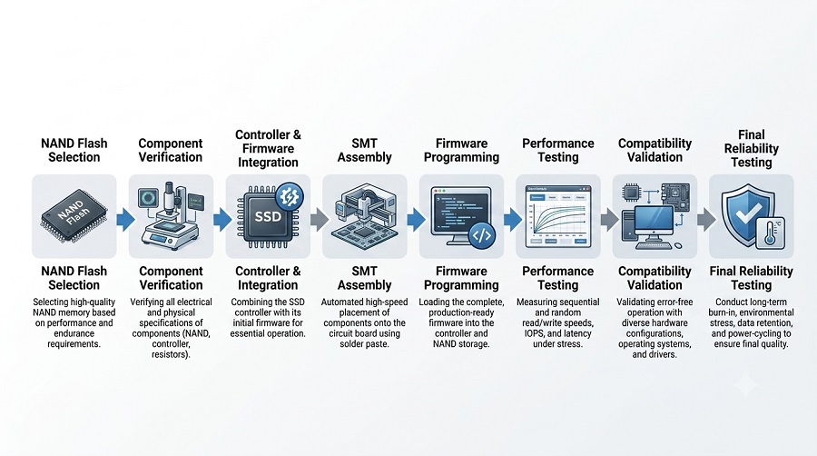 SSD manufacturing process from NAND Flash selection to final reliability testing