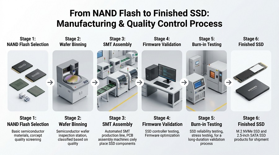 SSD manufacturing process showing NAND Flash selection, wafer binning, SMT assembly, firmware validation, burn-in testing, and finished SSD production