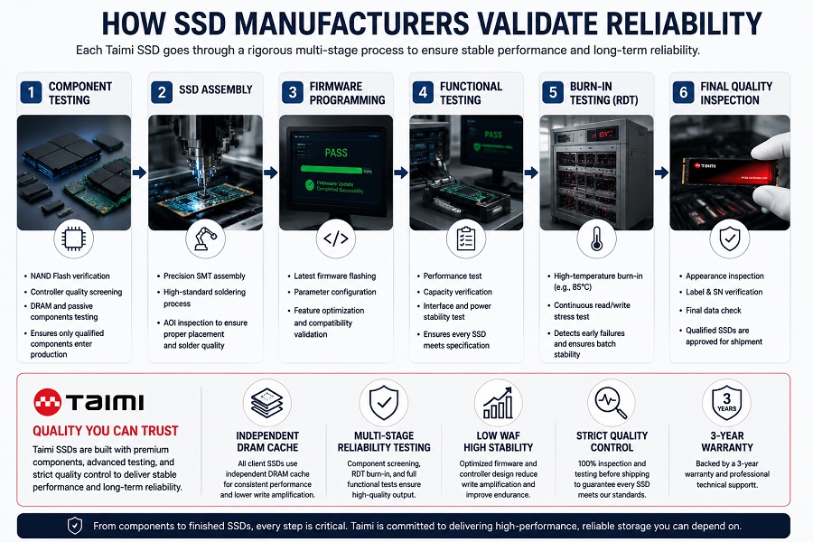 SSD manufacturing reliability testing and burn-in validation process