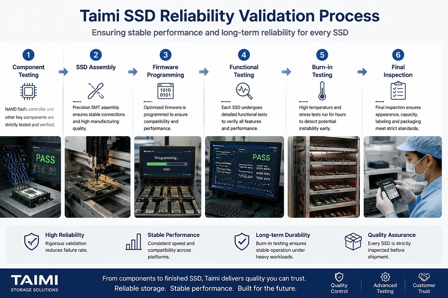 SSD manufacturing validation process including firmware testing and burn-in testing