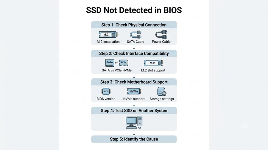 SSD not detected in BIOS troubleshooting process showing connection, interface, and compatibility checks