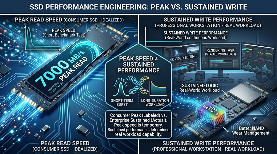 SSD peak read speed vs sustained write performance comparison for 4K video workflows