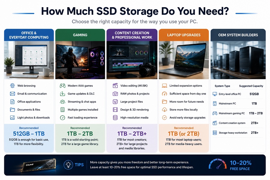 SSD storage capacity recommendations for office and everyday computing, gaming, content creation, laptop upgrades, and OEM PC systems