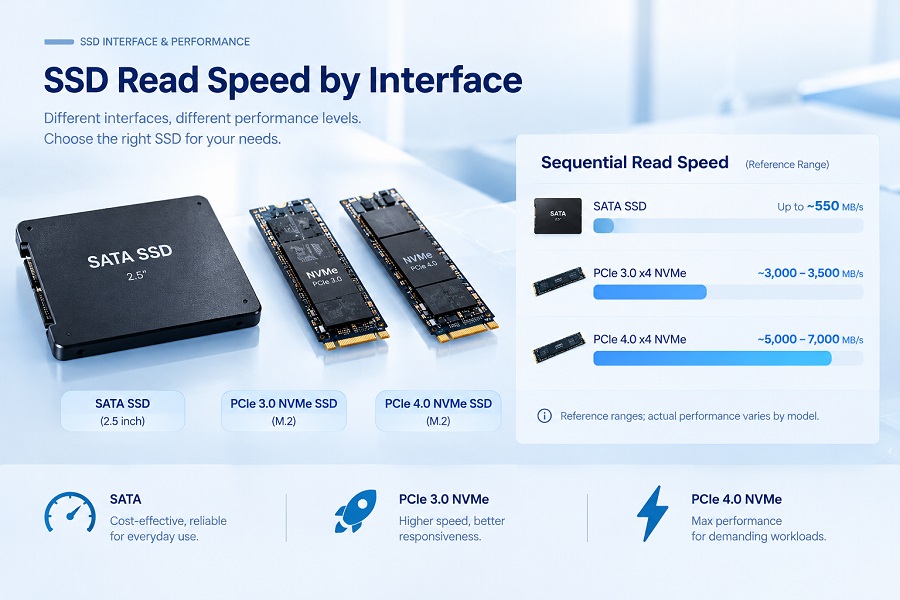 SSD read speed comparison for SATA, PCIe 3.0 NVMe, and PCIe 4.0 NVMe interfaces