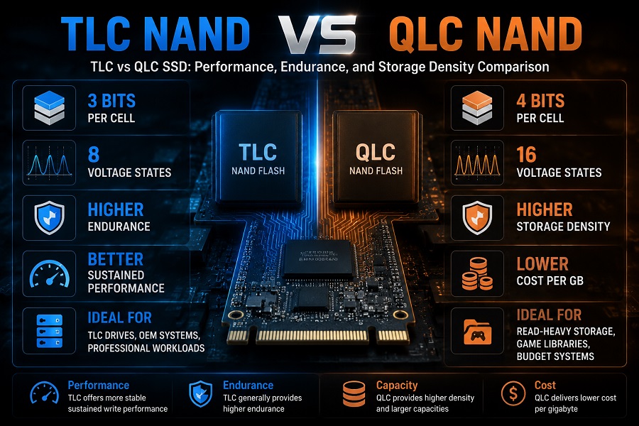 TLC vs QLC SSD NAND flash comparison showing performance, endurance and storage density differences