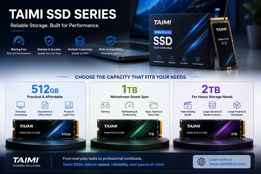 Taimi SSD series showing 512GB, 1TB, and 2TB NVMe PCIe 4.0 SSD storage options for everyday computing, gaming, and professional workloads