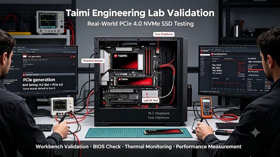 Taimi engineering laboratory testing PCIe 4.0 NVMe SSD performance and reliability