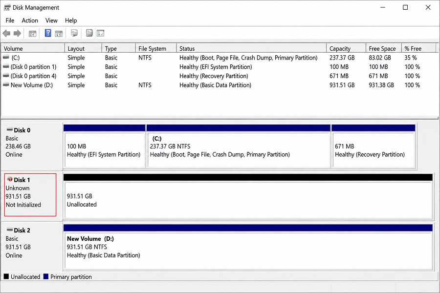 Windows Disk Management showing an SSD as Not Initialized